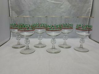 6 Vintage 1987 Arbys Christmas Holly Berry Glasses Wine Goblet W/bows Libbey