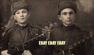 Wwii Soviet Russian Red Army Soldiers Holding Ppsh - 41 Bullet Holes In Background