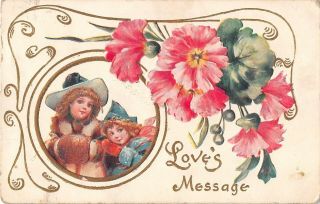 Pretty Pink Flowers By Pretty Little Girls - Old Art Nouveau Valentine Pc - Brundage
