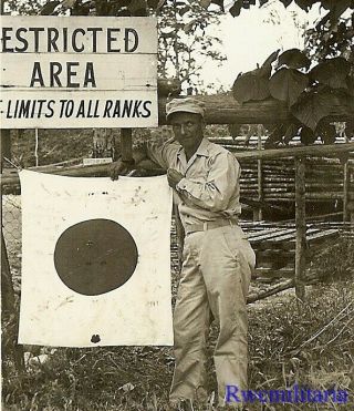 Souvenir Us Soldier Posed By Sign W/ Captured Inscribed Japanese Battle Flag