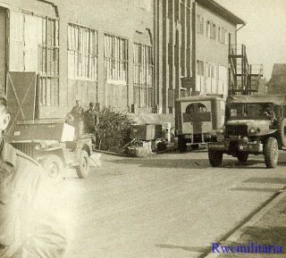Good View Us Army Truck,  Willys Jeep And Ambulance On Busy German Street; 1945