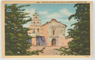 Ca Mission San Diego De Alcala Postcard Old Vintage Linen Exterior View Mother