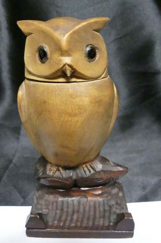 Vintage Black Forest Carved Wood Owl Glass Eyes Inkwell