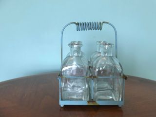 Vintage Primitive Metal Wire Basket Tote Carrier & Four Milk Bottles