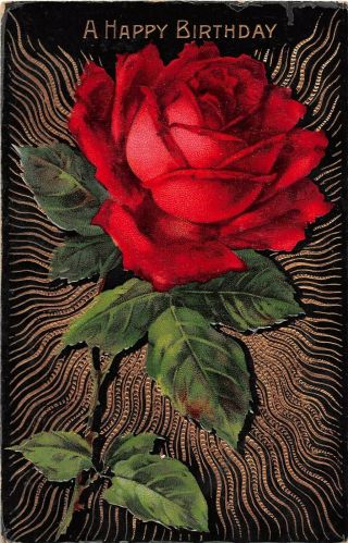 Gilded Old Gelatin Birthday Pc Of Gorgeous Red Rose - Series 32 - Black Background