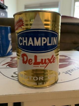 Vintage Champlin DeLuxe Metal 1 Quart Oil Can SAE 30w HD Motor Oil - FULL - 3