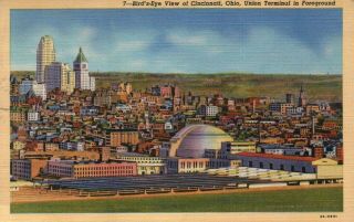 Union Terminal & Aerial View Of Cincinnati Ohio Oh - Old Vintage Linen Postcard