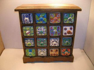 Vintage Style Wood Apothecary Spice 12 Drawer Chest Porcelain Bright Colors