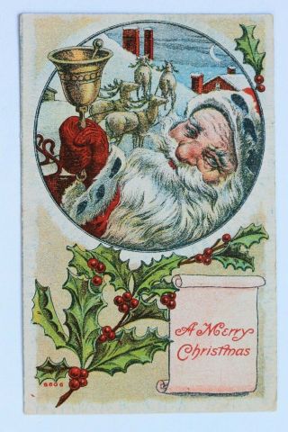 Old Postcard A Merry Christmas,  Santa With Bell,  Reindeers