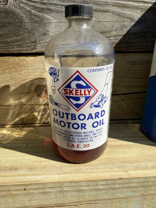 Vintage Skelly Outboard Motor Oil Quart Acl Glass Jar Sae 30 Sunoco Mobil