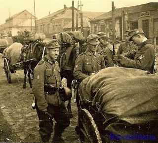 Group Of Gebirgsjäger Troops On City Street W/ Horse Carts