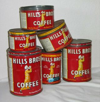 6 Vintage Hills Bros Steel Coffee Cans - Various Sizes - Some W Lids