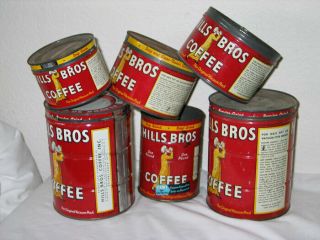 6 Vintage Hills Bros Steel Coffee Cans - Various Sizes - Some w Lids 2