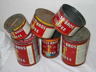 6 Vintage Hills Bros Steel Coffee Cans - Various Sizes - Some w Lids 3