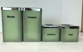 Vintage Mcm The Queen Line Metal Tin Canister Set Wedge Stacking Green Canada
