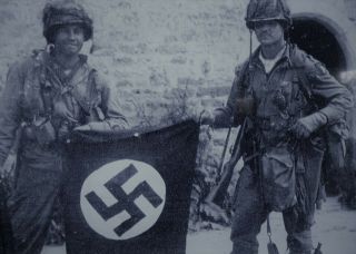 Easy Company 101st Airborne Normandy Captured Nazi Flag Ww2 Wwii Re - Print 5x7