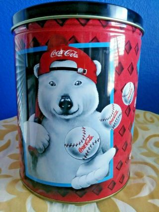 1997 Coca - Cola Coke Tin Polar Bear Baseball Advertising 7 1/2 " Tall Red