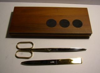 Vintage Solingen Germany Desk Set Scissors Letter Opener Wood Box Mcm