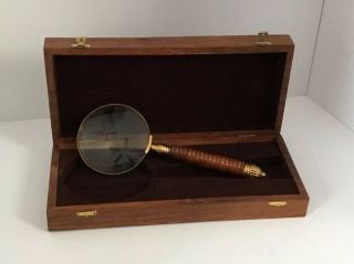 Vintage Desk Top Magnifying Glass Brass And Wood Magnifier 9” W/ Wooden Box