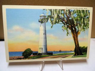 Linen Postcard Old Lighthouse Biloxi Mississippi Ms