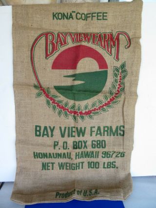 Burlap Jute Sack/bag Bay View Farm Kona Coffee 100 Lbs.  Hawaii - 22 " X 38 "