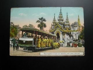 Burma Old Postcard : Hpoongyees In Tram Car Returning With Alms Collected