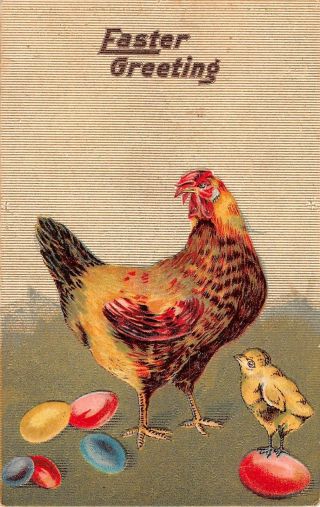 Chicken & Chick With Colored Eggs On Old Easter Postcard