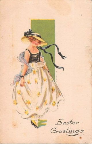 Lovely Lady On Old Art Deco Easter Postcard By The Gibson Art Co.