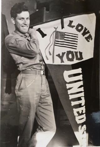 1944 Vintage Photo Ww2 Handsome Soldier Poses With I Love You Patriotic Banner