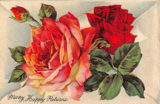 Pretty Pink & Red Roses On Old Birthday Postcard - 607/4