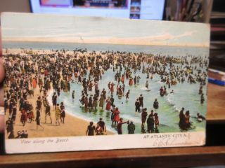 Vintage Old Postcard Jersey Atlantic City Beach Swimming People In Swimsuits