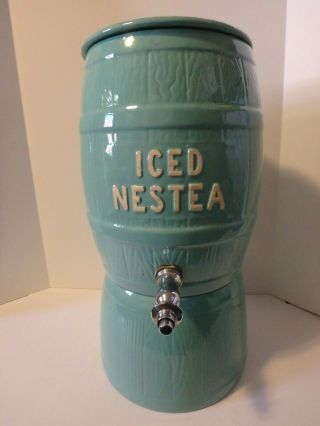 Vintage Nestea Tea Dispenser On Stand Turquoise Crock Stoneware Watt Pottery