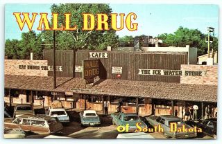 Vtg Postcard Wall Drug South Dakota Store Sd Cafe Old Cars Arikara Indian A10