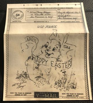 1944 Illustrated V - Mail From Uss Solace Happy Easter W Cover Censor Stamp