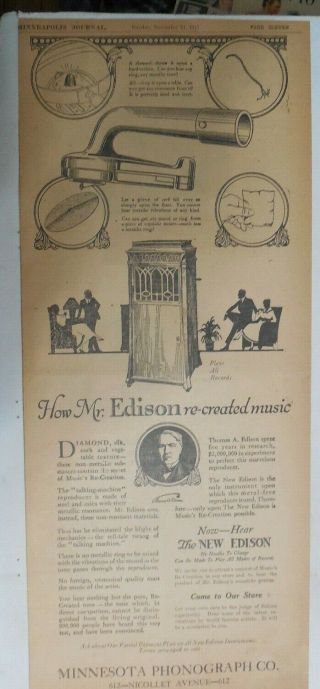 Edison Phonograh Ad: " How Edison Recreated Music " From 1917 Size: 10 X 22 Inches