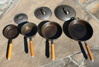 7 - Pc Set Cast Iron Wood Handle Pots Pans Skillets Lids For Stove Top Or Camping
