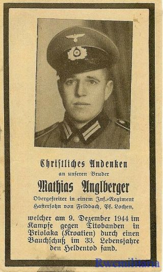 Death Notice: Wehrmacht Obergefreiter In Infanterie Regt; Kia In Croatia 1944