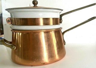 Copper Double Boiler & Lid With 5 " Brass Handles Ceramic Insert