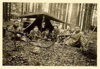 MOTLEY Group Wehrmacht Soldiers & Kradmelders w/ Weapons by Tent in Woods 2