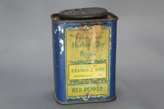 Vintage Harbor City Brand Red Pepper Tin,  Kramer & Sons,  Michigan City,  In - 2 Oz