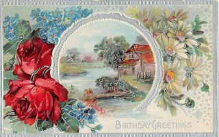 Gorgeous Red Roses,  Forget - Me - Nots,  & Daisies Around Home Scene - Old Birthday Pc