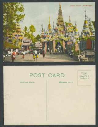 Burma Old Colour Postcard Great Pagoda Rangoon,  Burmese Temple Palm Trees Coolie