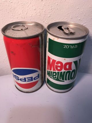(2) Pepsi & Mountain Dew Upside Down Crimped Steel All Soda Pop Cans