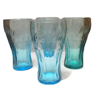 4 Vintage McDonald ' s Coca - Cola Embossed Drinking Glasses,  3 Ice Blue 1 Green 2