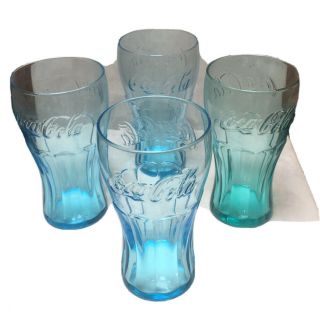 4 Vintage McDonald ' s Coca - Cola Embossed Drinking Glasses,  3 Ice Blue 1 Green 3