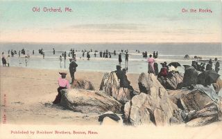 Old Orchard Maine Us Usa Postcard Beach Swimmers Bathers Rocks