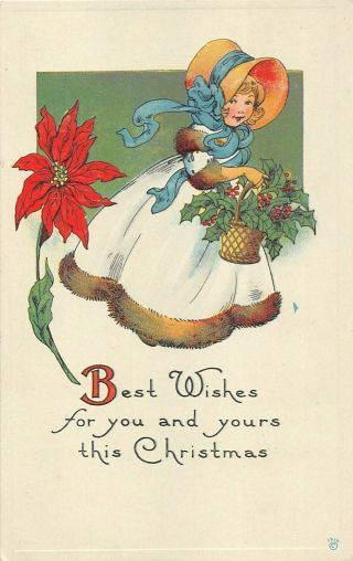 Pretty Little Girl With Basket Of Holly By Big Poinsettia - Old Art Deco Christmas