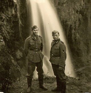 Scenic View Pair Wehrmacht Soldiers Posed By Waterfall; 1943
