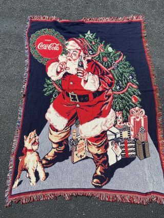 Vintage 90s Coca Cola Afghan Fringed Throw Blanket Santa Clause Dog Guc