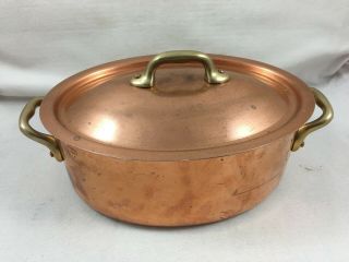 French Copper Brass Tin Ovale Casserole Pan With Lid Stamped Guillaumet France